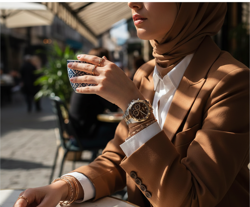 Woman wearing elegant Hugo Boss Novia 1502617 watch in two-tone rose gold