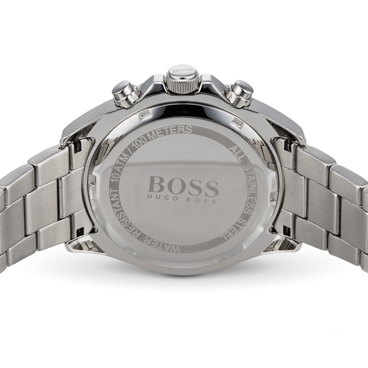 Back view of the Hugo Boss 1513704 watch showing the stainless steel caseback details