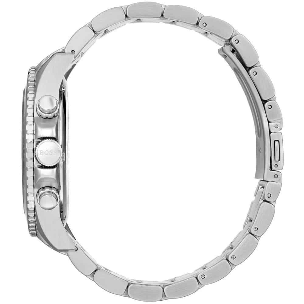 Left side perspective of the Hugo Boss 1513704 blue dial and wide silver bracelet link