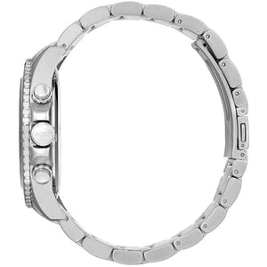 Left side perspective of the Hugo Boss 1513704 blue dial and wide silver bracelet link