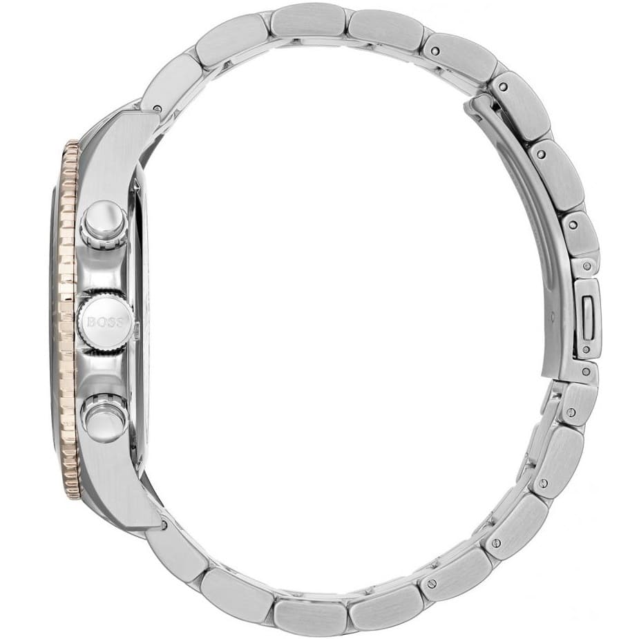 Angled view of the Hugo Boss 1513705 highlighting the rose gold pushers and diver bezel