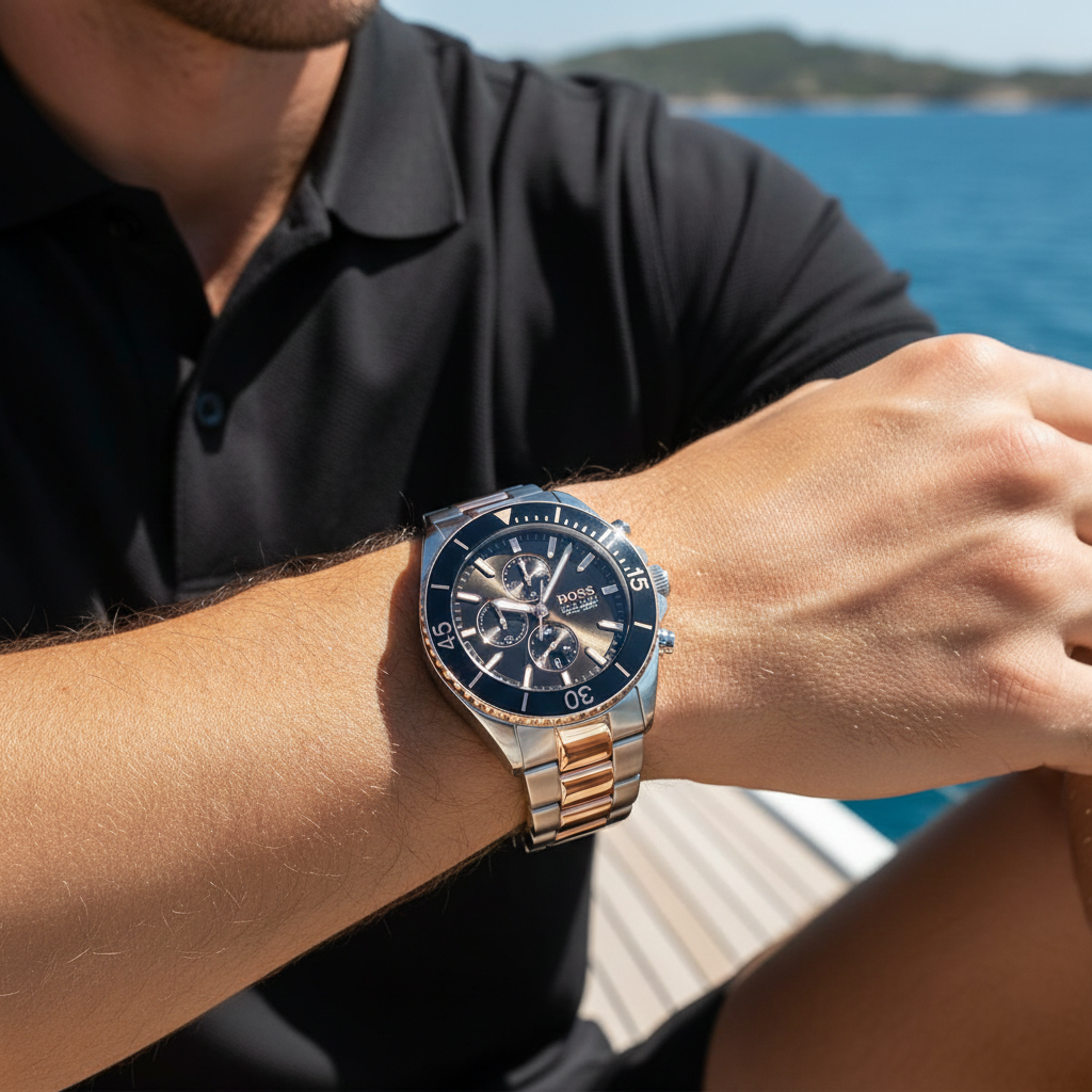 Male model wearing Hugo Boss Ocean Edition 1513705 two-tone watch with a sporty luxury outfit