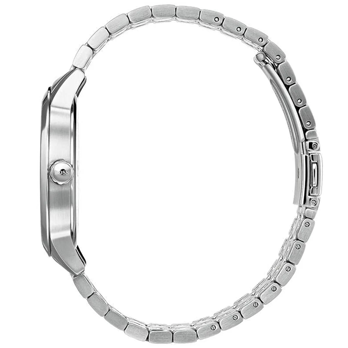 Detailed side view of the silver crown and logo detail on the Hugo Boss 1513614