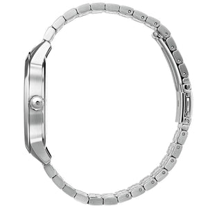 Detailed side view of the silver crown and logo detail on the Hugo Boss 1513614