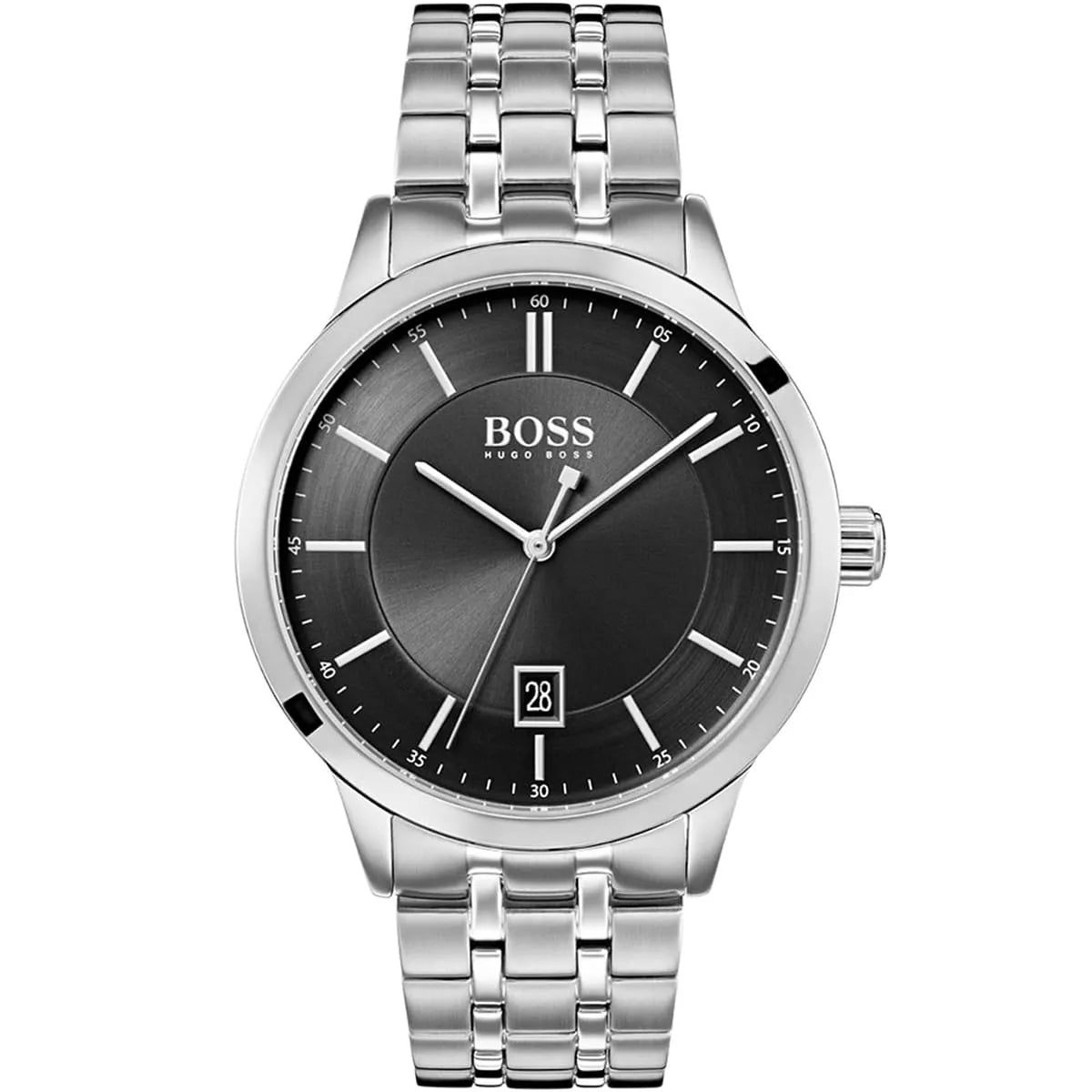 Hugo Boss Officer 1513614 men's watch with silver stainless steel strap and minimalist black dial
