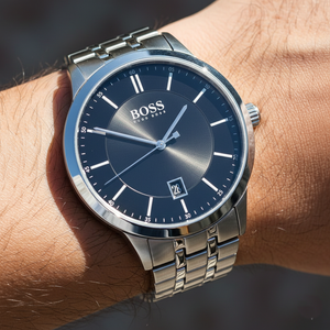 Close up shot of Hugo Boss Officer 1513614 watch on wrist showing the clean black dial and silver hands