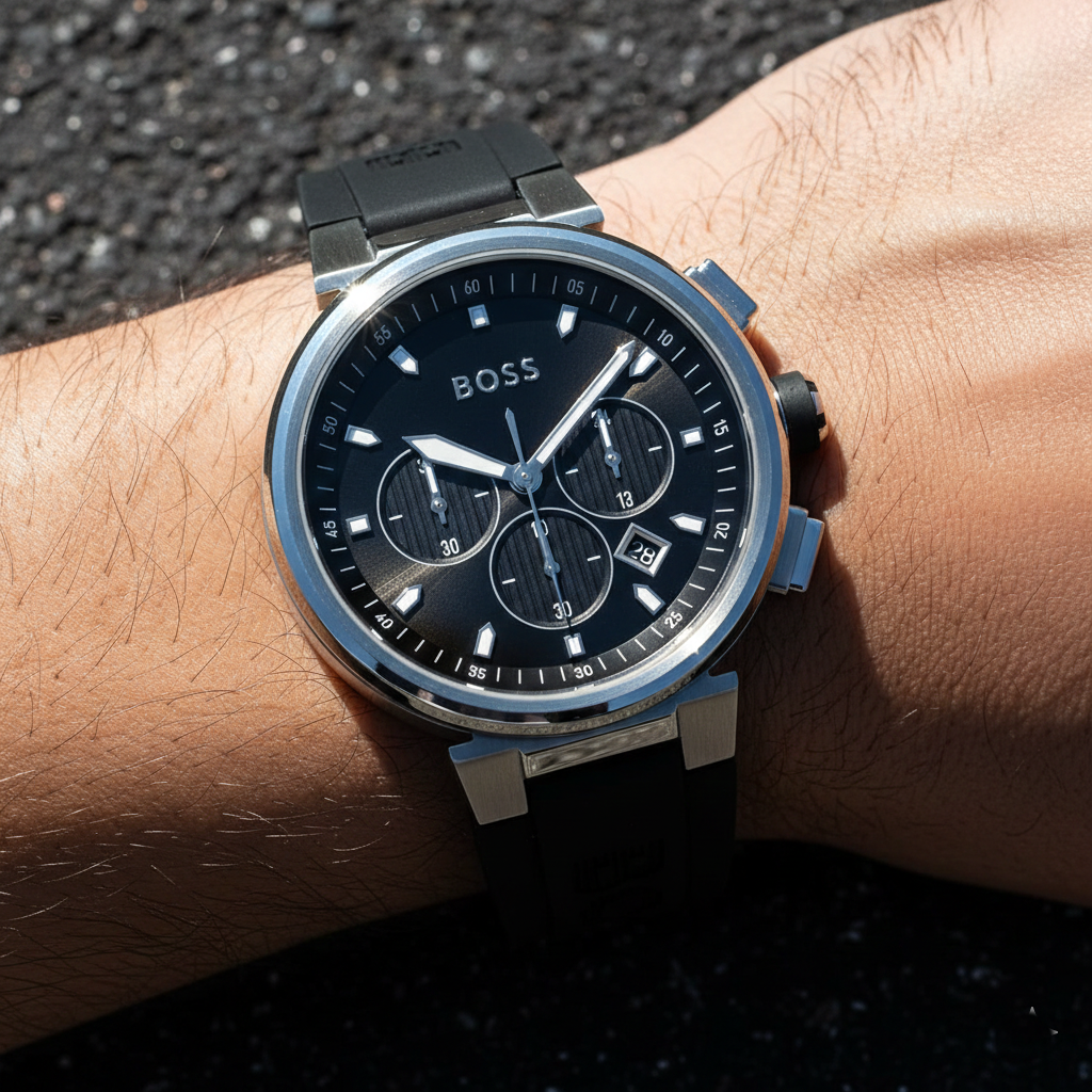 Close up shot of Hugo Boss One 1513997 watch on wrist showing the black dial and silver details