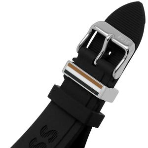 Silver stainless steel buckle clasp with Boss logo on the black silicone strap of the 1513997