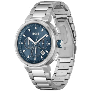 Angled view of the Hugo Boss 1513999 highlighting the polished silver case and pushers