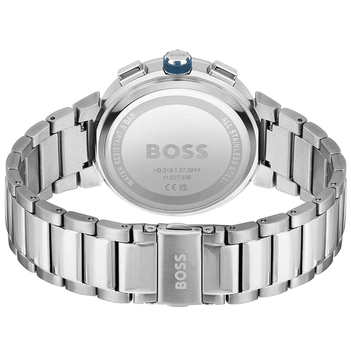 Back view of the Hugo Boss 1513999 watch showing the stainless steel caseback details