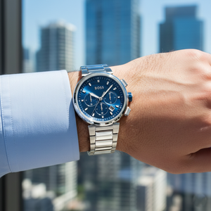 Male model wearing Hugo Boss One 1513999 silver watch with a casual denim outfit