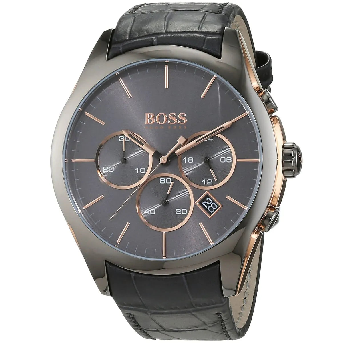 Angled view of the Hugo Boss 1513366 highlighting the gunmetal case and pushers