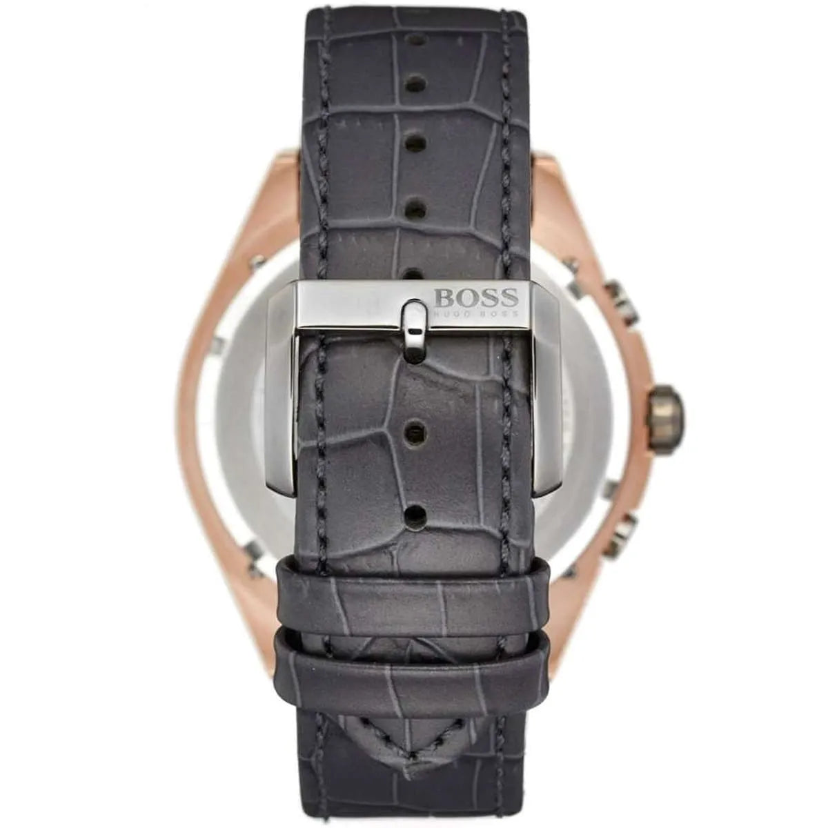Stainless steel buckle clasp with engraved Boss logo on the grey leather strap of the 1513366
