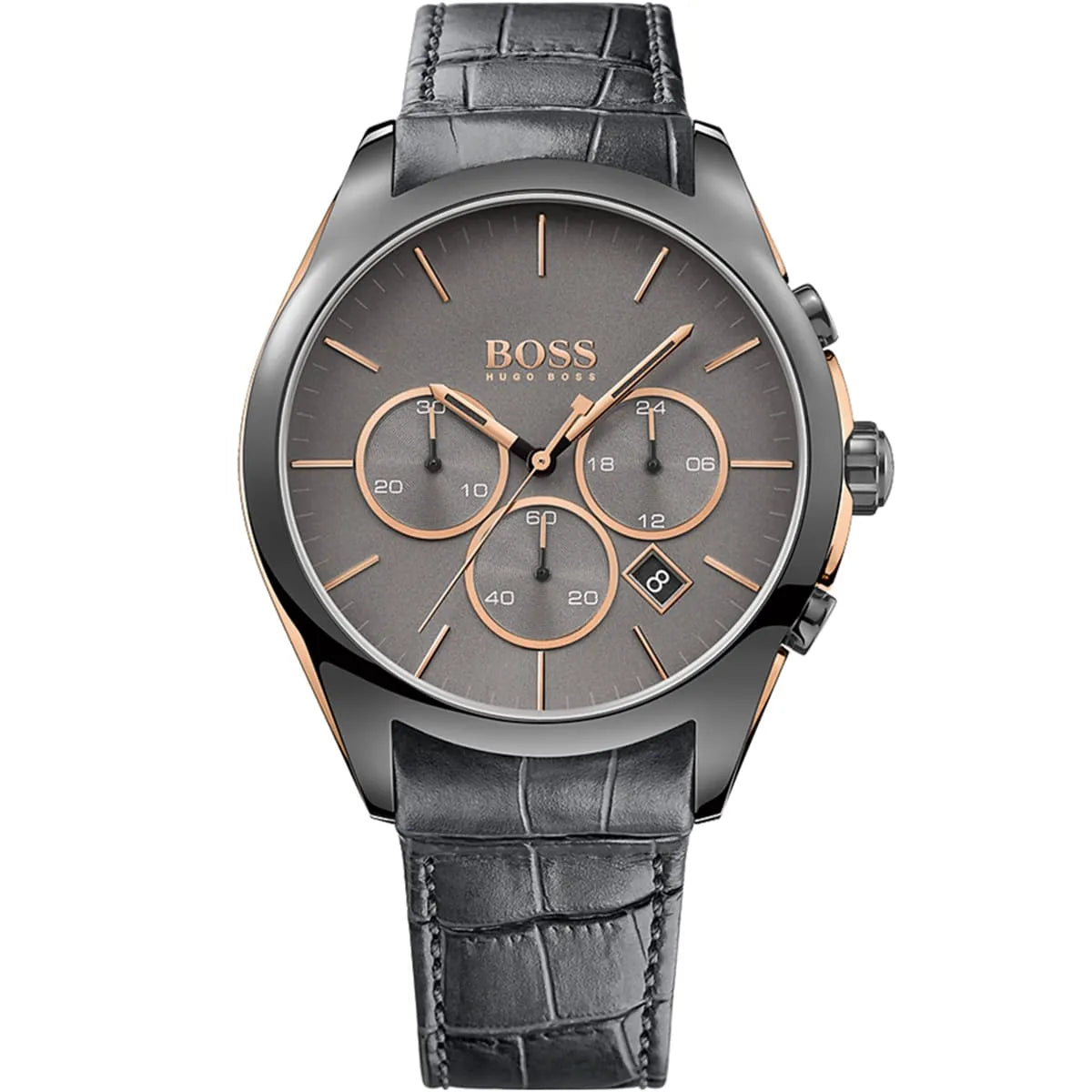 Hugo Boss Onyx 1513366 men's chronograph watch with grey leather strap and rose gold accents