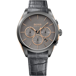 Hugo Boss Onyx 1513366 men's chronograph watch with grey leather strap and rose gold accents