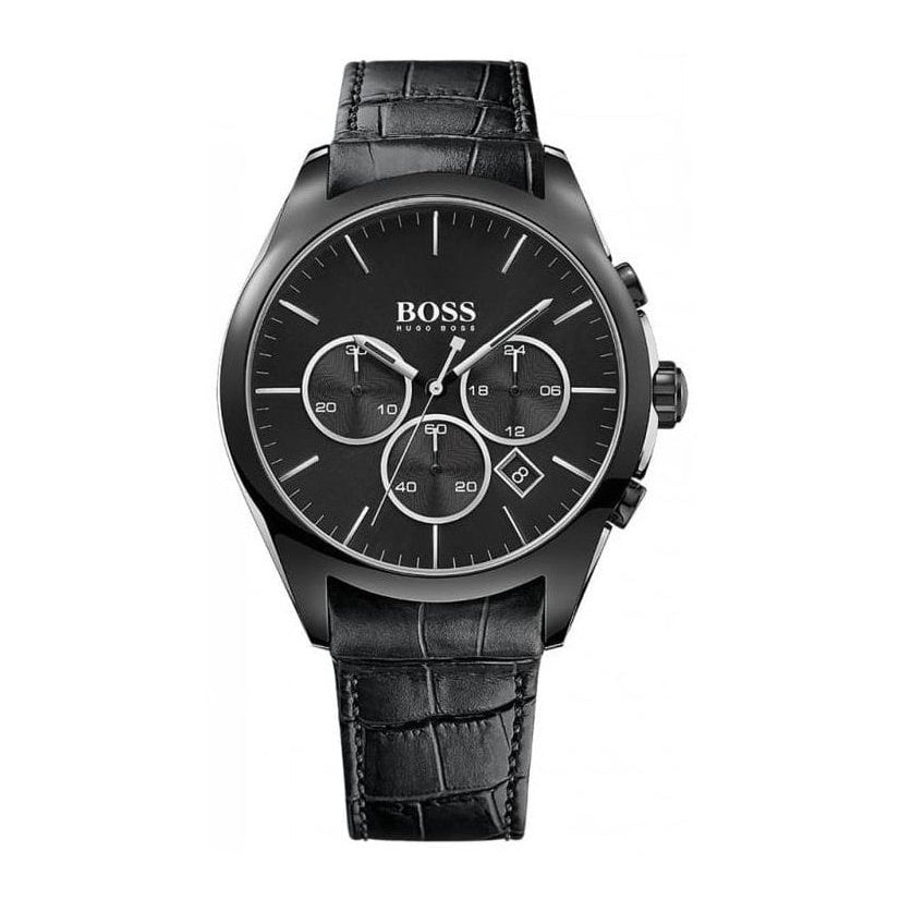 Hugo Boss Onyx 1513367 men's chronograph watch with black leather strap and all-black design