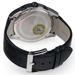 Black stainless steel buckle clasp with engraved Boss logo on the leather strap of the 1513367