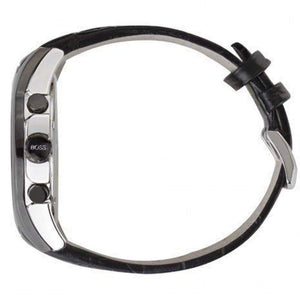 Detailed side view of the black crown and chronograph buttons on the Hugo Boss 1513367