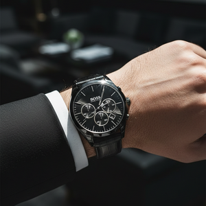 Male model wearing Hugo Boss Onyx 1513367 all-black watch with a formal black suit