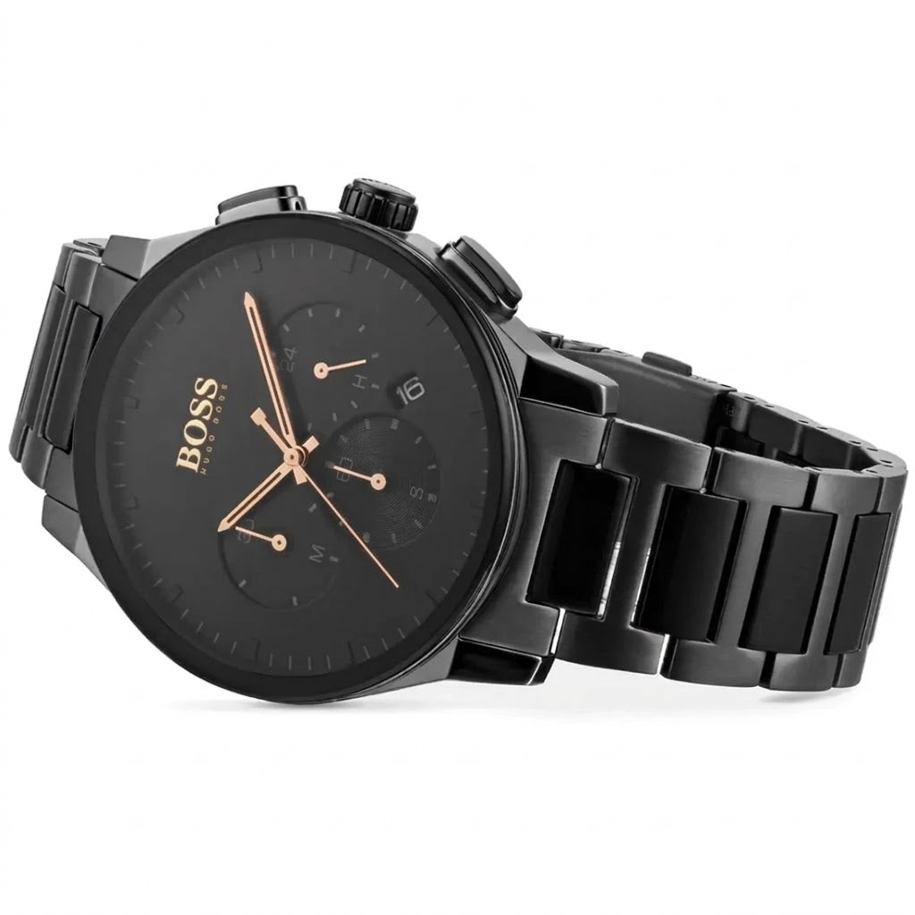 Angled view of the Hugo Boss 1513814 highlighting the gunmetal pushers and silver details