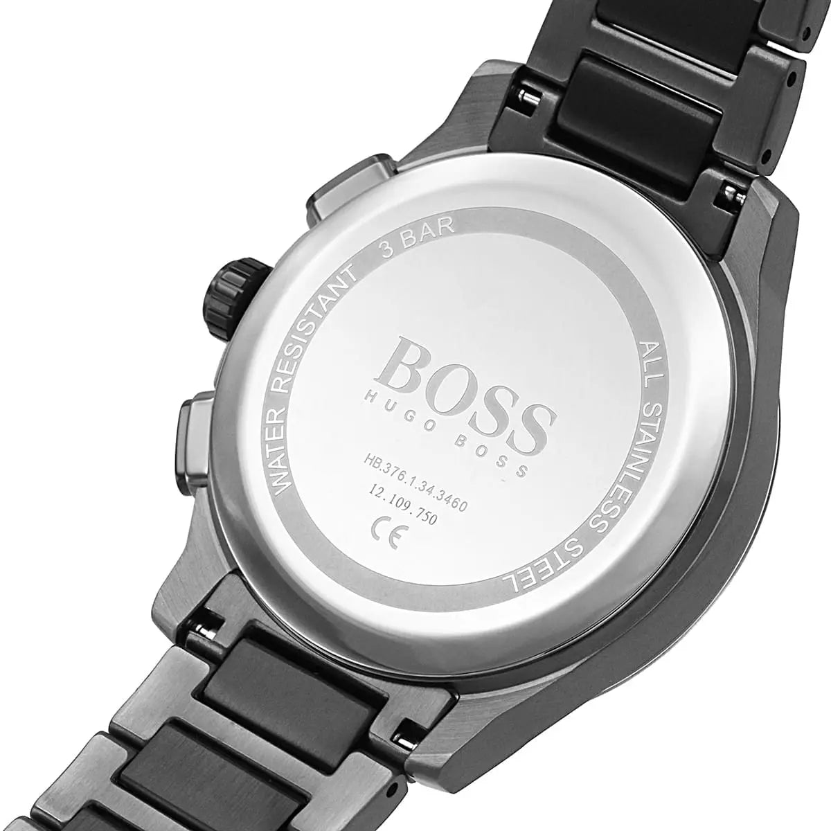 Back view of the Hugo Boss 1513814 watch showing the stainless steel caseback details