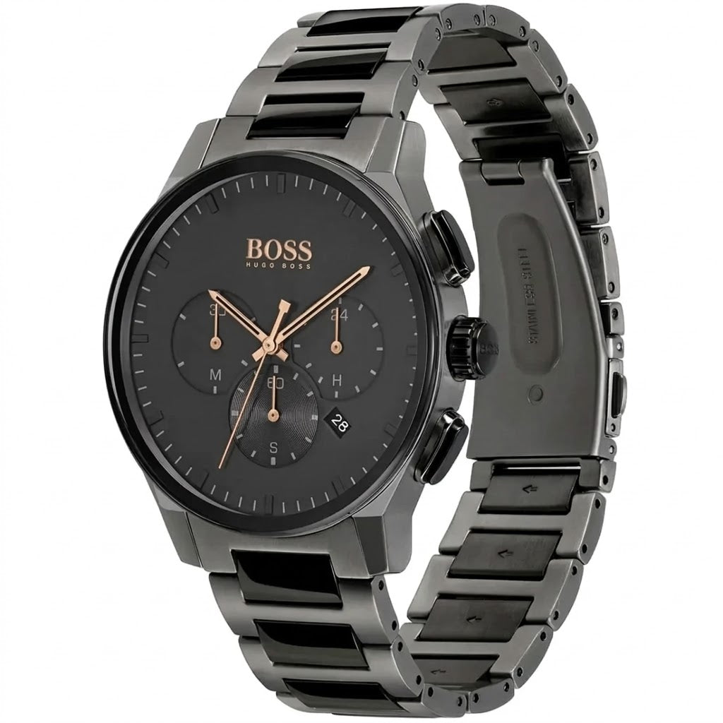 Detailed side view of the grey crown and chronograph buttons on the Hugo Boss 1513814