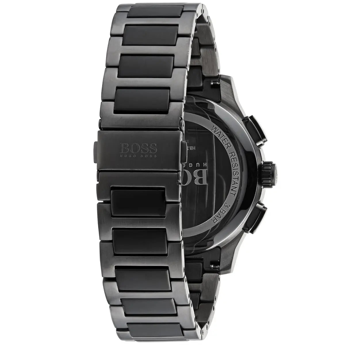Grey ion-plated deployment clasp with engraved Boss logo on the bracelet of the 1513814