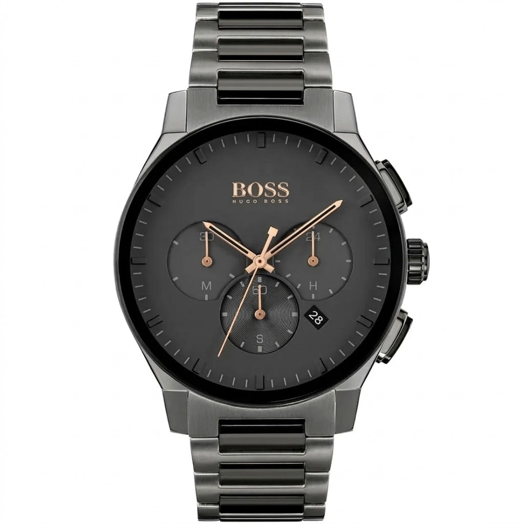 Hugo Boss Peak 1513814 men's chronograph watch with gunmetal grey stainless steel strap and silver hands
