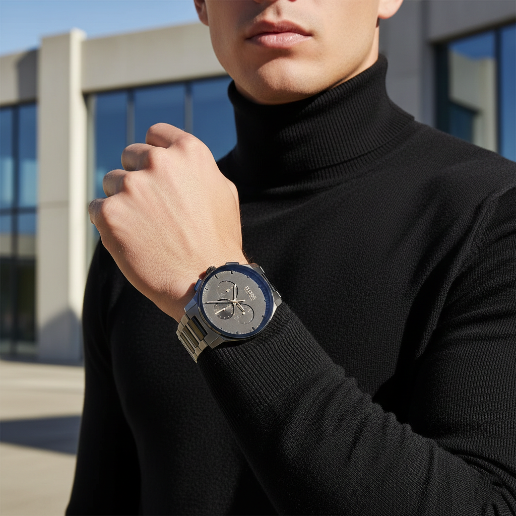 Male model wearing Hugo Boss Peak 1513814 grey watch with a modern monochrome outfit