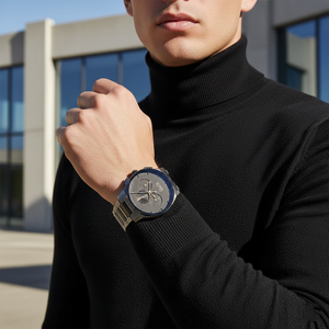 Male model wearing Hugo Boss Peak 1513814 grey watch with a modern monochrome outfit