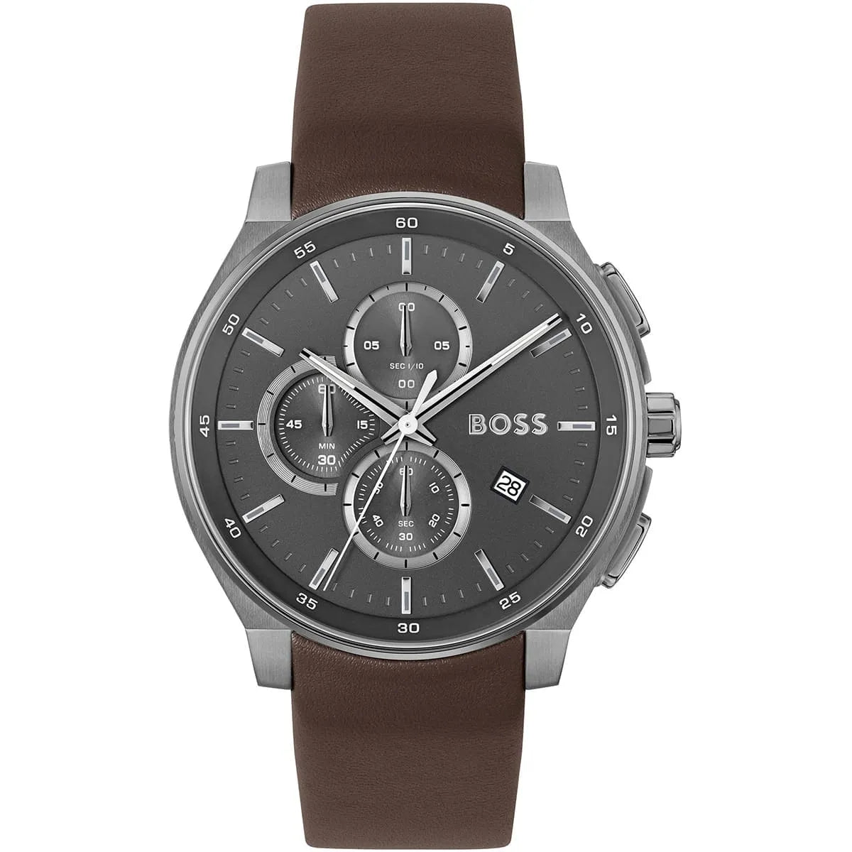 Front view of Hugo Boss Peak 1514187 chronograph men's watch on a white background.