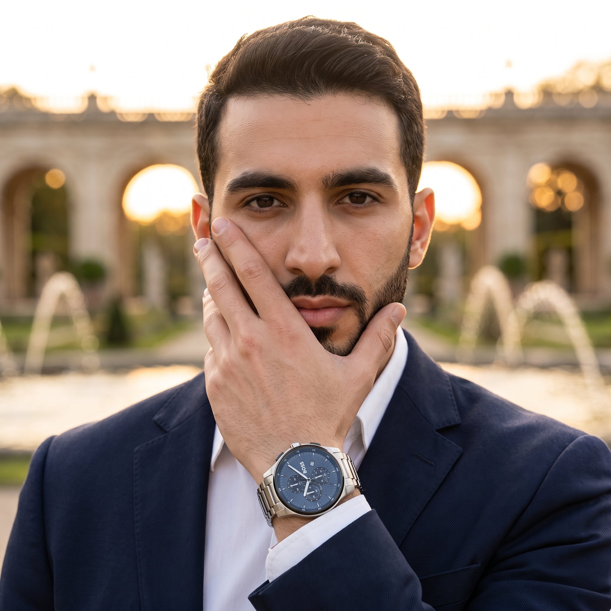 Lifestyle luxury shot featuring Hugo Boss Peak 1514189 chronograph men's watch.