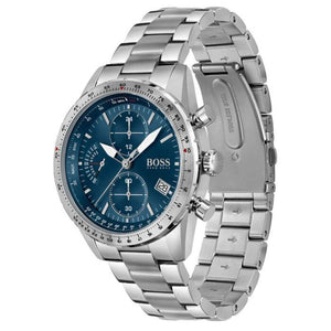 Angled view of the Hugo Boss 1513850 highlighting the polished silver case and pushers