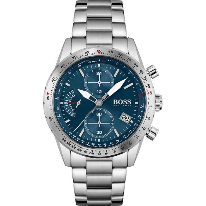 Hugo Boss Pilot Edition 1513850 men's chronograph watch with silver stainless steel bracelet and blue dial