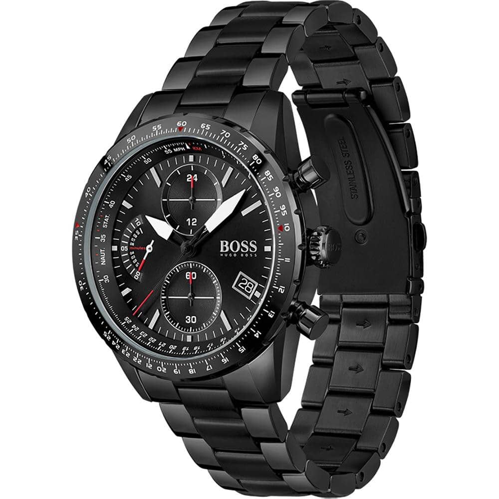 Angled view of the Hugo Boss 1513854 highlighting the black pushers and complex dial