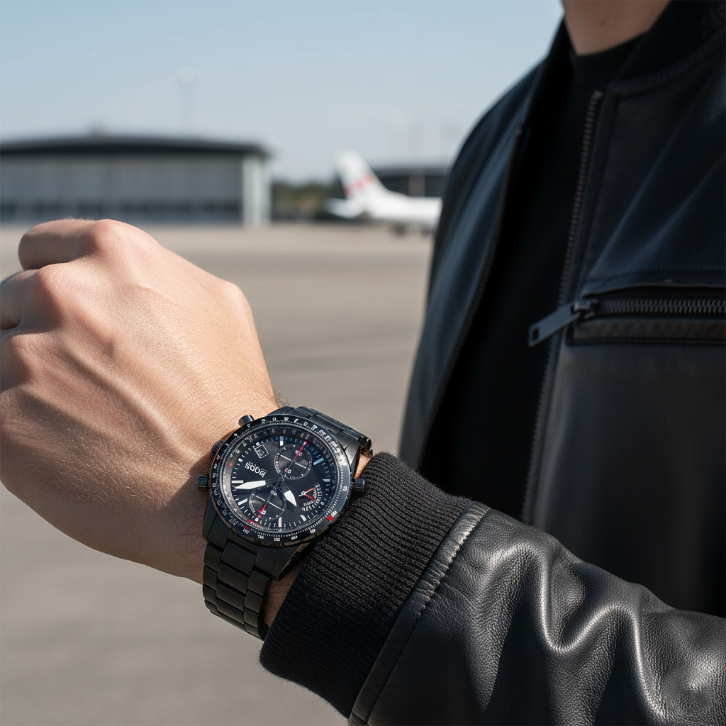 Male model wearing Hugo Boss Pilot Edition 1513854 black watch with a tactical or casual outfit