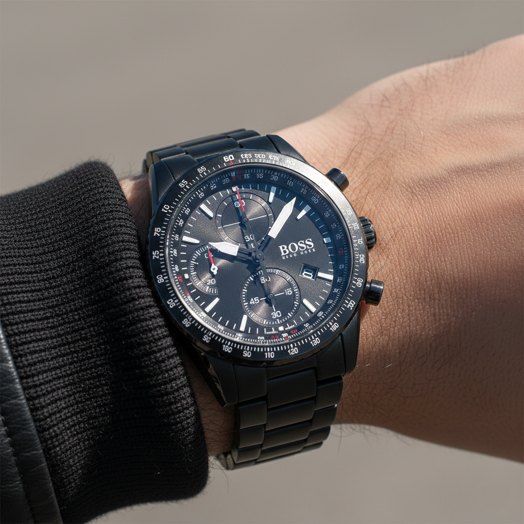 Close up shot of Hugo Boss Pilot Edition 1513854 watch on wrist showing the slide rule bezel and red seconds hand