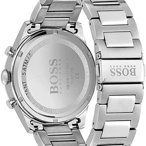 Caseback of Hugo Boss Pioneer 1513868 showing technical specs green dial and silver metal strap 50m water resistance