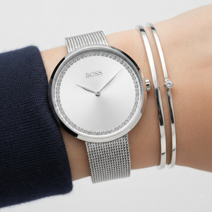 Close up of silver sunray dial and outer sparkling crystal ring of Hugo Boss 1502546