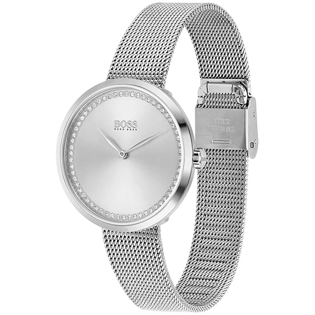 Profile view of Hugo Boss Praise showing case thickness and silver mesh bracelet
