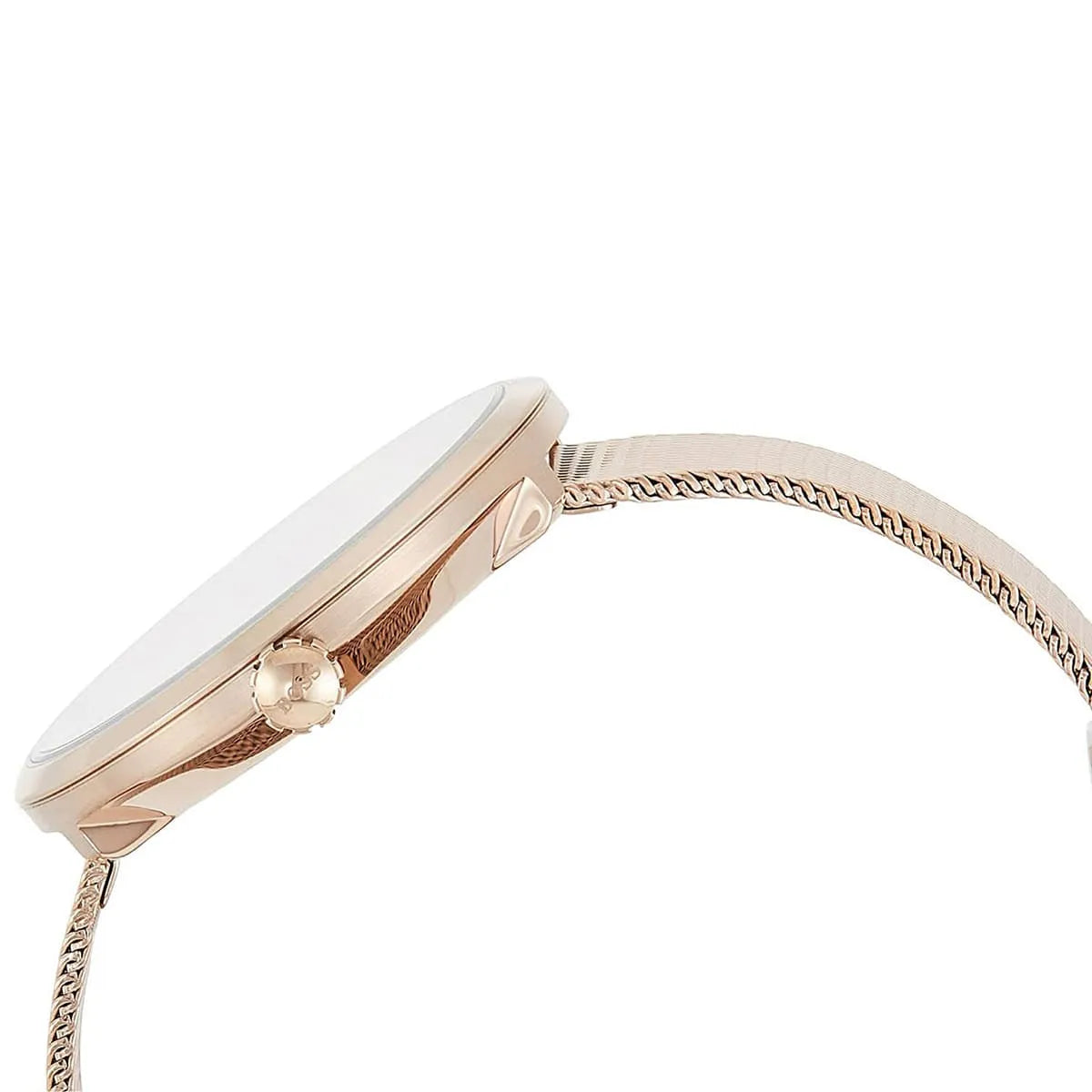 Angled shot highlighting the polished rose gold mesh bracelet of Hugo Boss 1502548