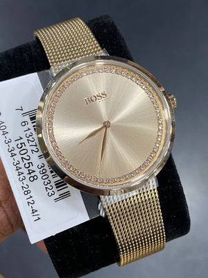 Authentic real life photo of Hugo Boss 1502548 showing true carnation gold shine and crystal details