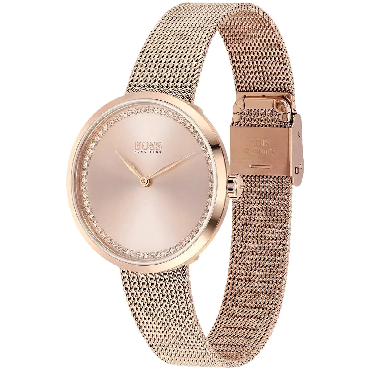 Right side view of Hugo Boss 1502548 showing ultra slim rose gold stainless steel case