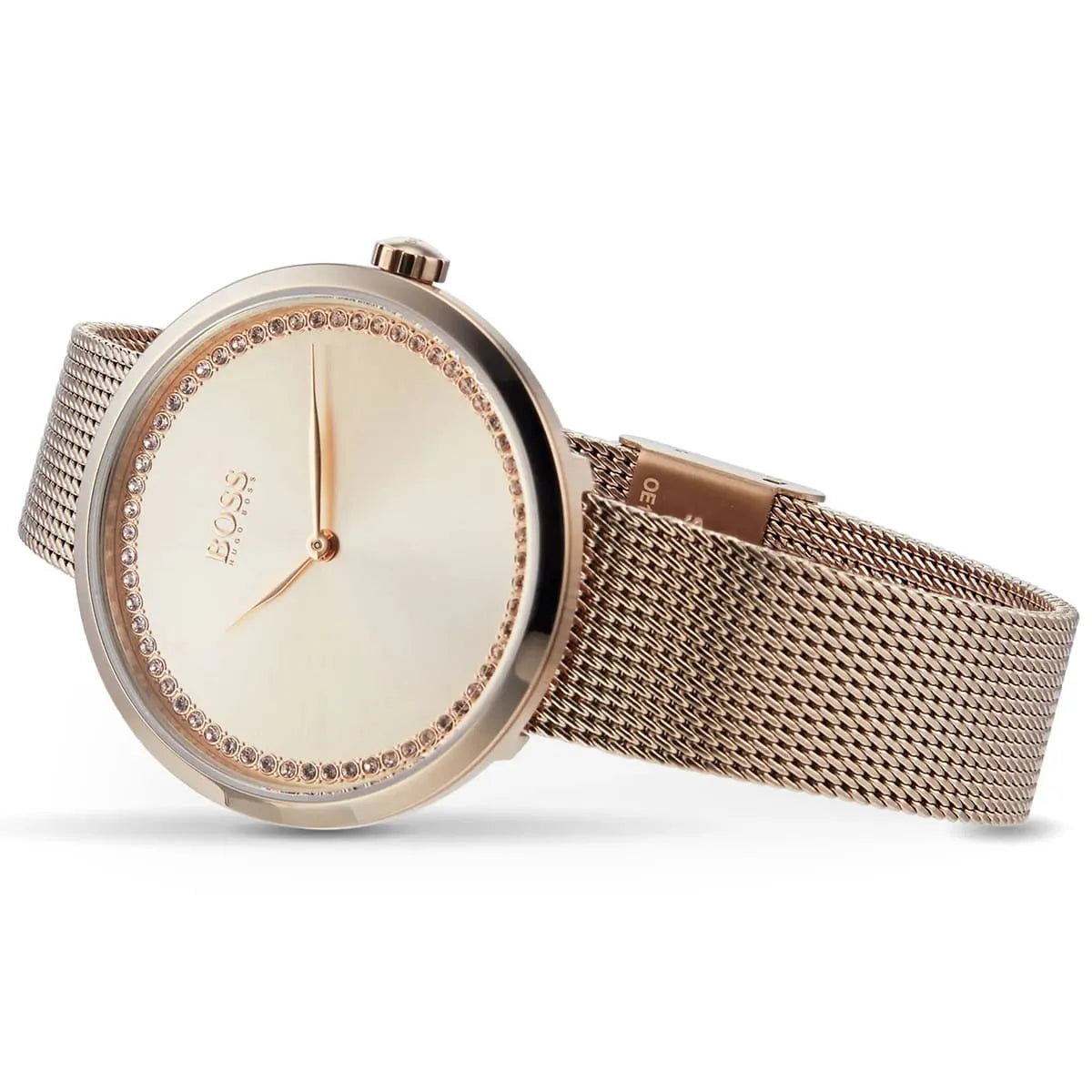 Profile view of Hugo Boss Praise showing case thickness and rose gold mesh bracelet