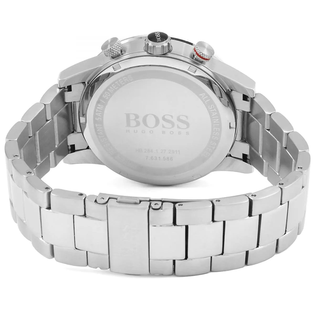 Silver stainless steel deployment clasp with engraved Boss logo on the bracelet of the 1513509