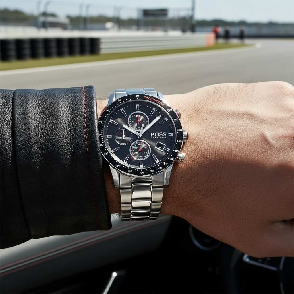 Male model wearing Hugo Boss Rafale 1513509 silver watch with a casual sporty outfit