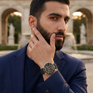 Lifestyle luxury shot featuring Hugo Boss Runner 1514168 chronograph men's watch.