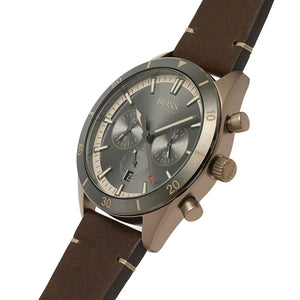 Left side perspective of the Hugo Boss 1513861 grey dial and brown leather strap
