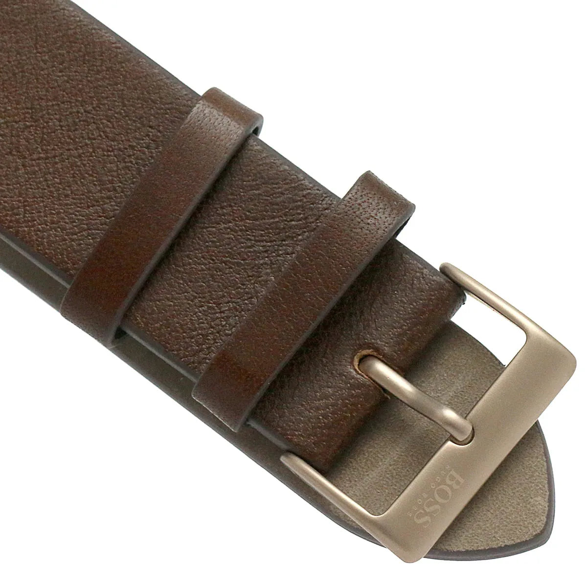 Rose gold tone buckle clasp with engraved Boss logo on the brown leather strap of the 1513861