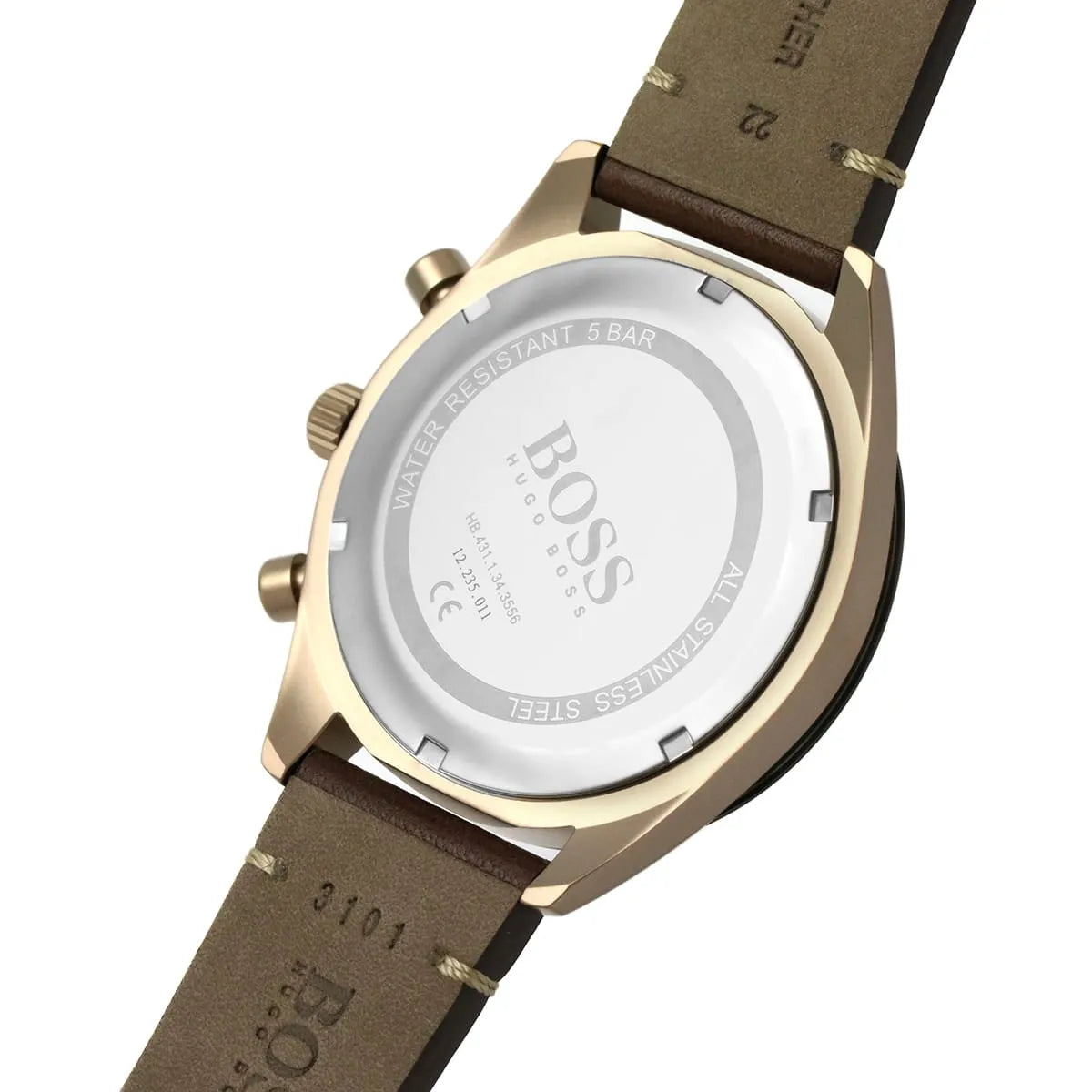 Back view of the Hugo Boss 1513861 watch showing the stainless steel caseback and Santiago series details